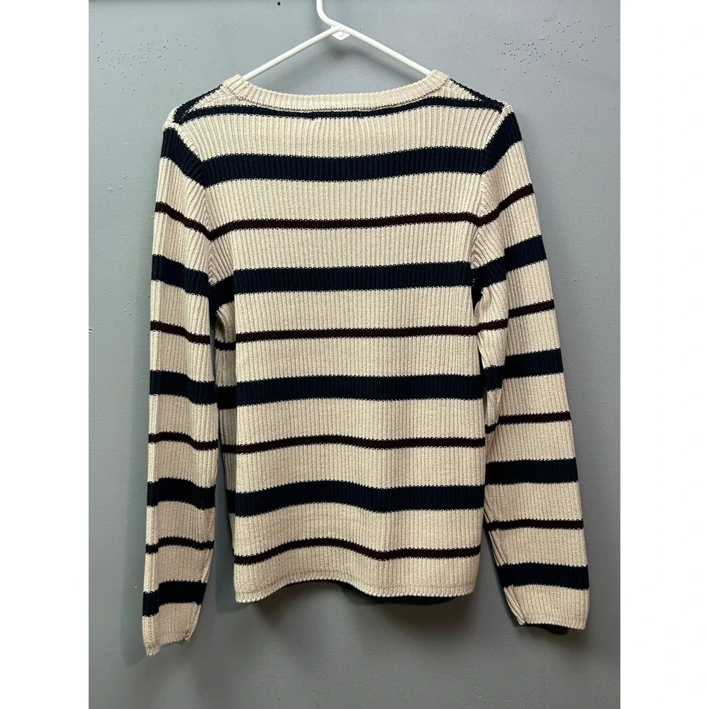 Zenana Sweater‎ Women Medium Cream Blue Striped Ribbed Knit Cotton Top Pullover